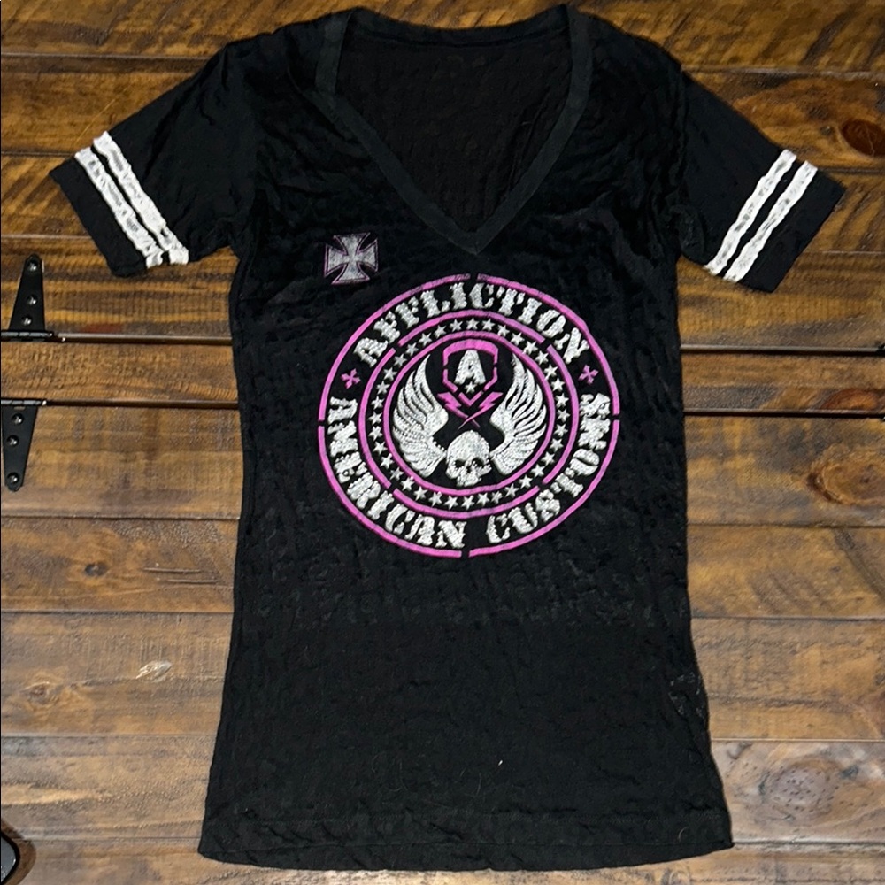 Affliction Black V-Neck T-Shirt with Pink Logo
